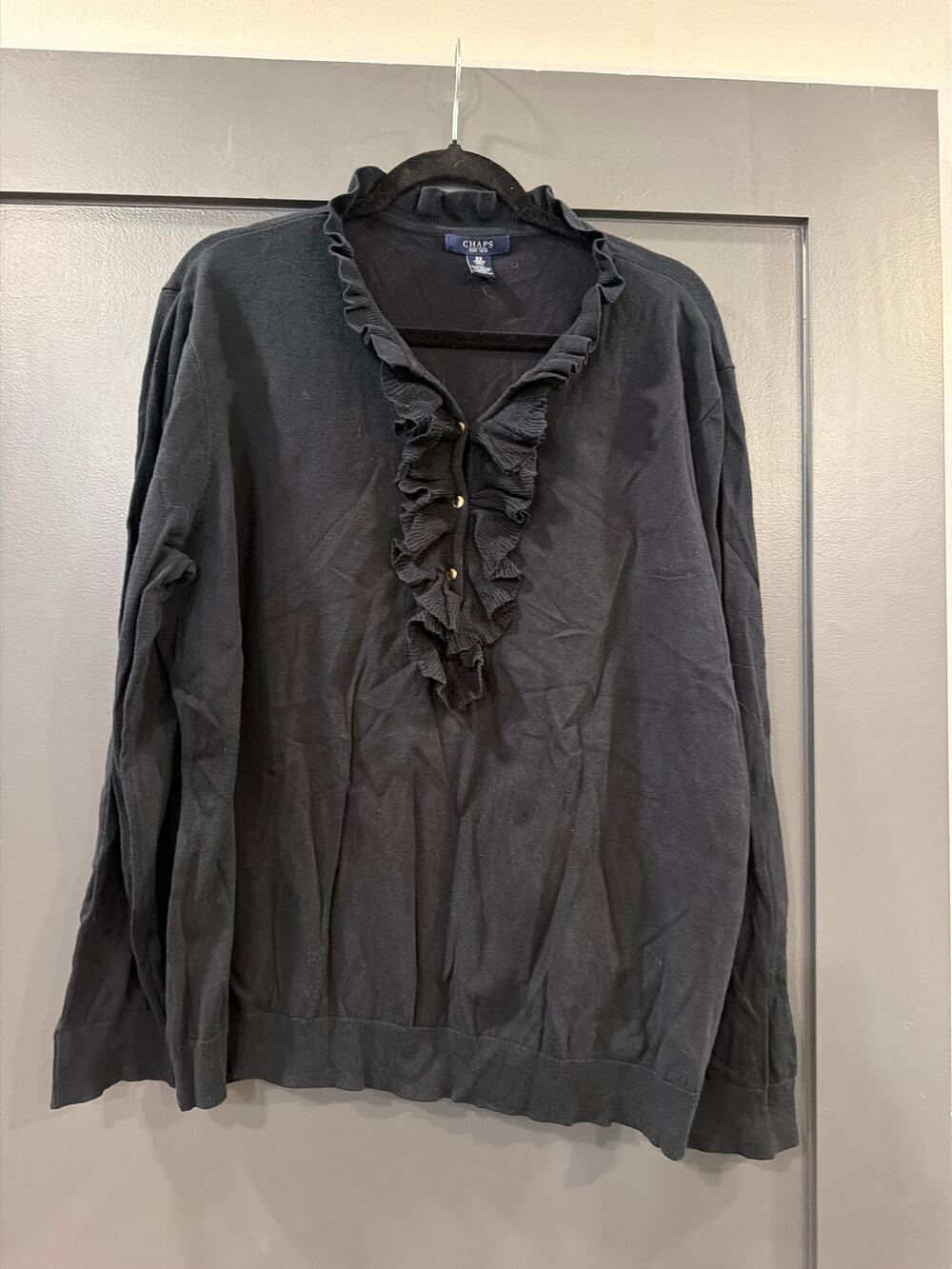 Chaps Petites Black Ruffle Front Sweater Classic Preppy Equestrian Casual